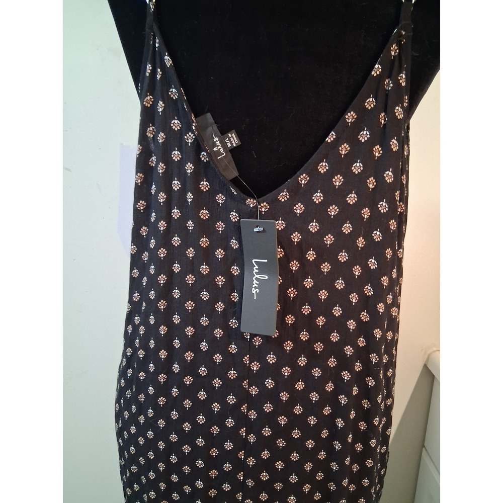 Lulus Black Floral Medallion V-Neck Maxi Dress Spaghetti Strap Pockets M/L NEW - Picture 4 of 6